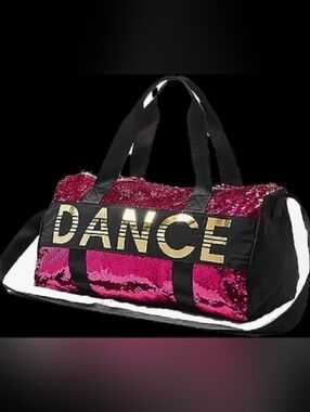 Justice Pink Sequin Duffle Bag with Gold 'DANCE' Lettering